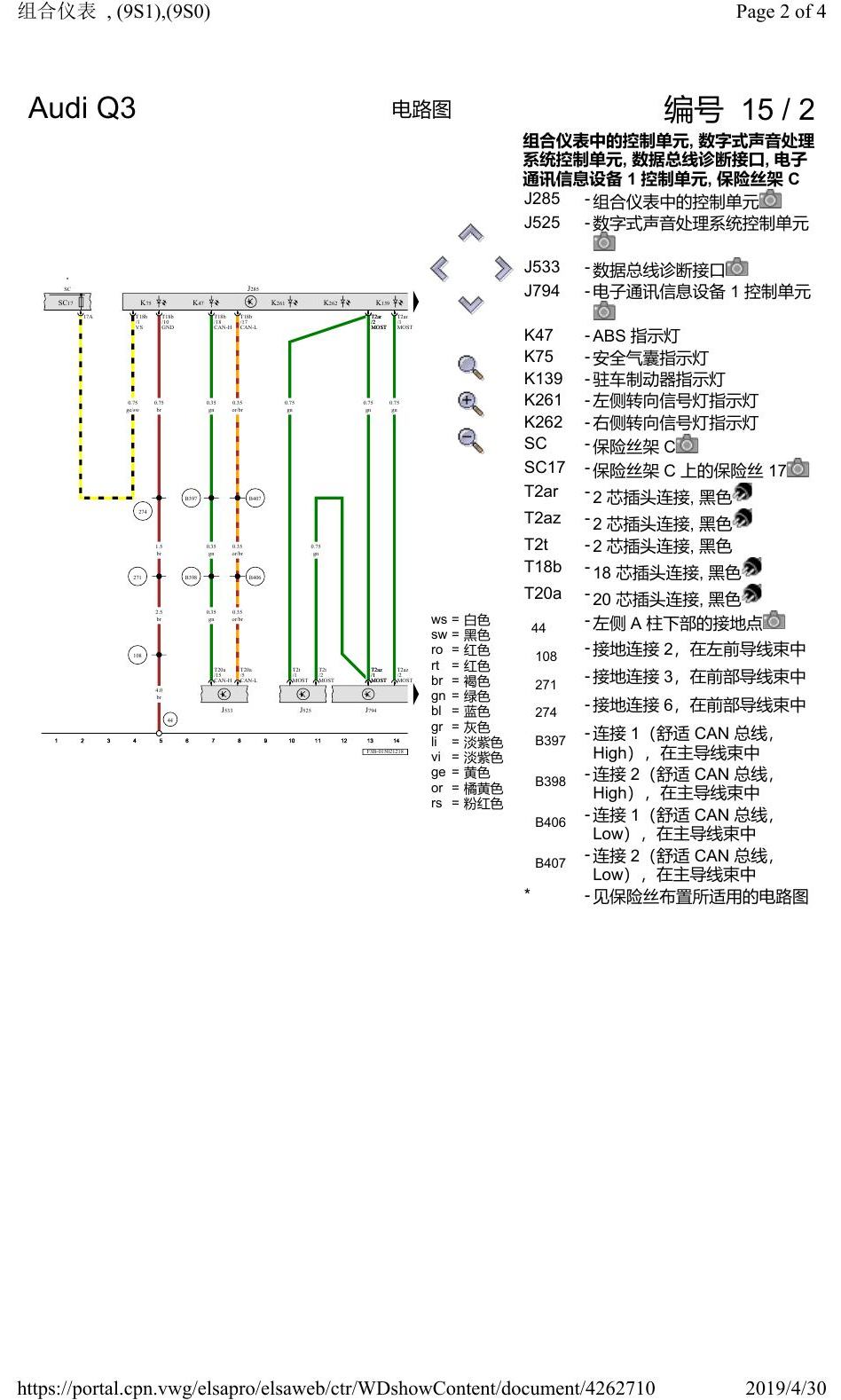 奥迪Q3L 电路图 组合仪表, (9S1),(9S0), 自 2018 年 6 月起 电路图