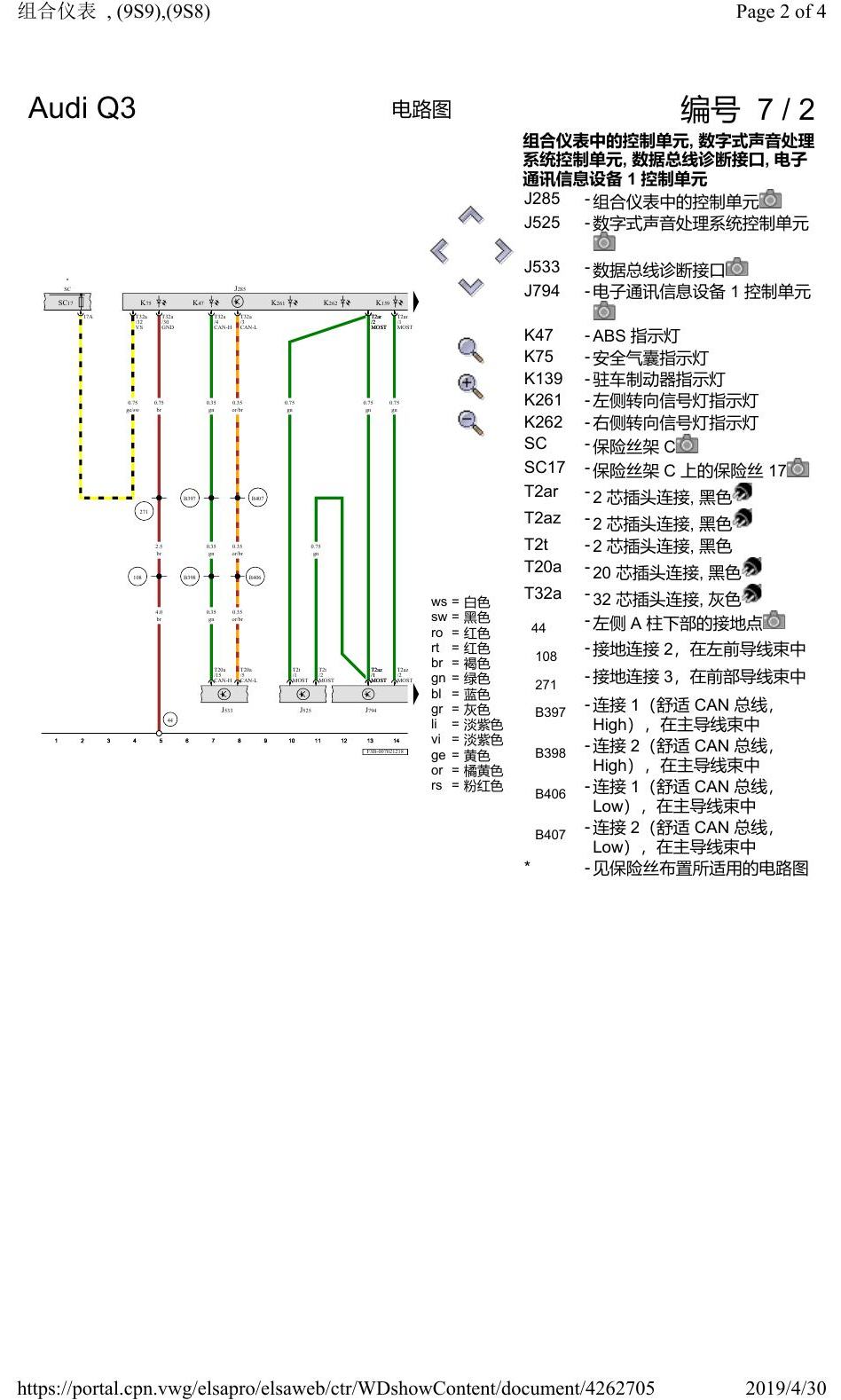 奥迪Q3L 电路图 组合仪表, (9S9),(9S8), 自 2018 年 6 月起 电路图