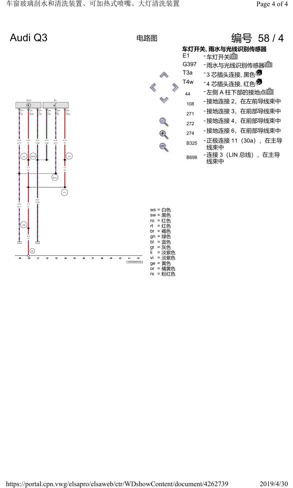 奥迪Q3L 电路图 车窗玻璃刮水和清洗装置、可加热式喷嘴、大灯清洗装置, 自 2018 年 6 月起 电路图