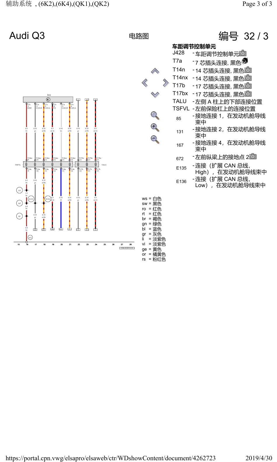 奥迪Q3L 电路图 辅助系统, (6K2),(6K4),(QK1),(QK2), 自 2018 年 6 月起 电路图
