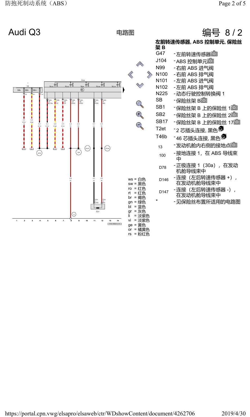 奥迪Q3L 电路图 防抱死制动系统(ABS), 自 2018 年 6 月起 电路图