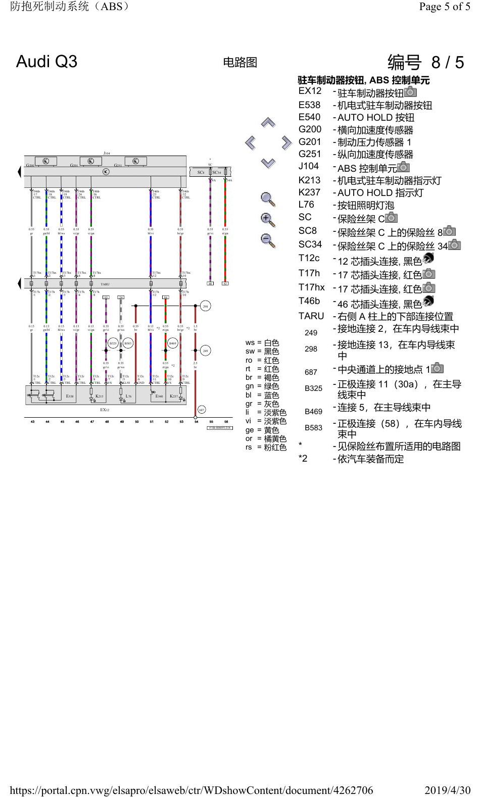奥迪Q3L 电路图 防抱死制动系统(ABS), 自 2018 年 6 月起 电路图