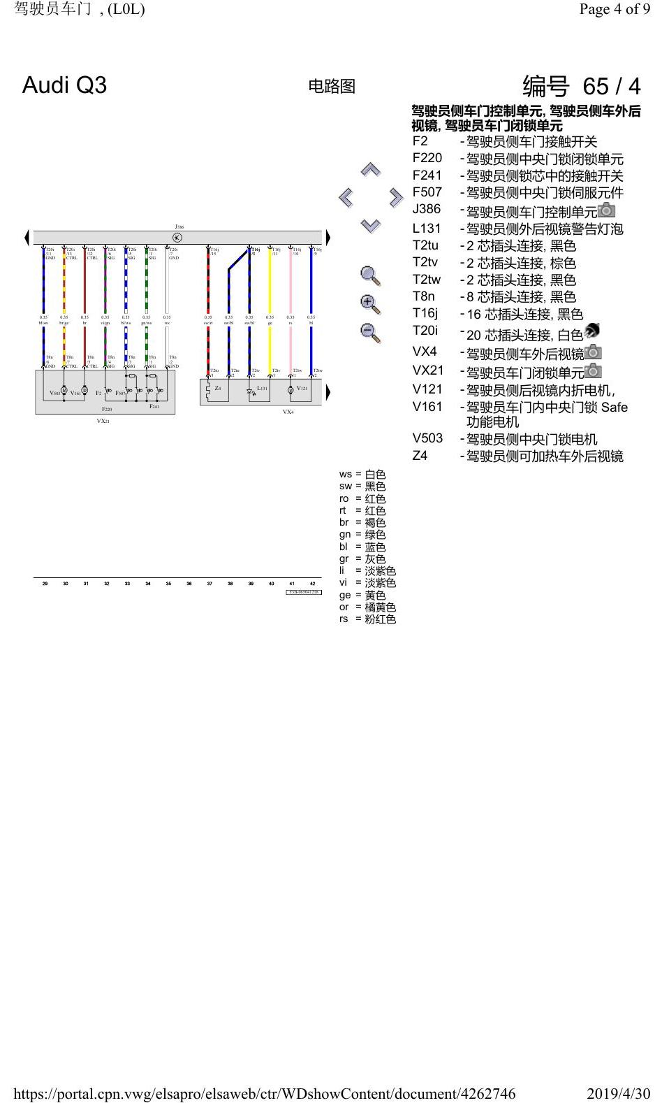 奥迪Q3L 电路图 驾驶员车门, (L0L), 自 2018 年 6 月起 电路图