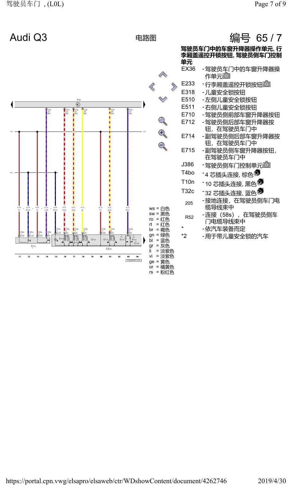 奥迪Q3L 电路图 驾驶员车门, (L0L), 自 2018 年 6 月起 电路图