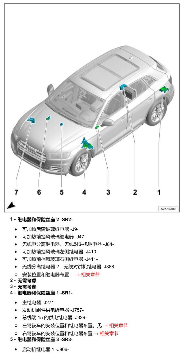 奥迪Q5L 安装位置 继电器 电路图