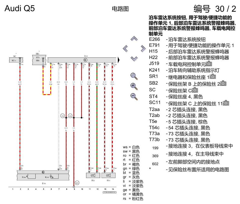 奥迪Q5L 电路图 带泊车转向辅助系统(Park Assist)的泊车雷达系统(PDC) , (7X5) 电路图