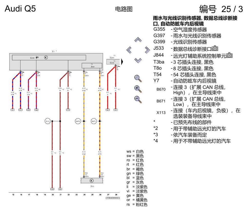 奥迪Q5L 电路图 自动防眩车内后视镜 电路图