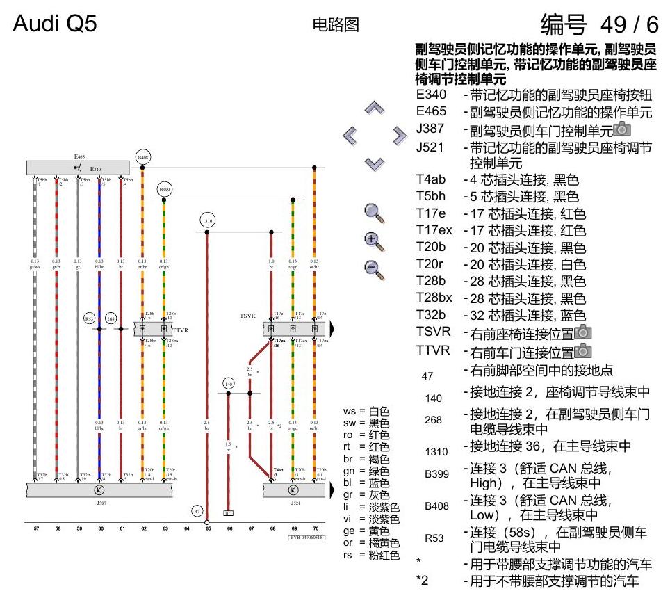 奥迪Q5L 电路图 驾驶员和副驾驶员座椅调整功能 , (3L4),(3PB),(3PE) 电路图