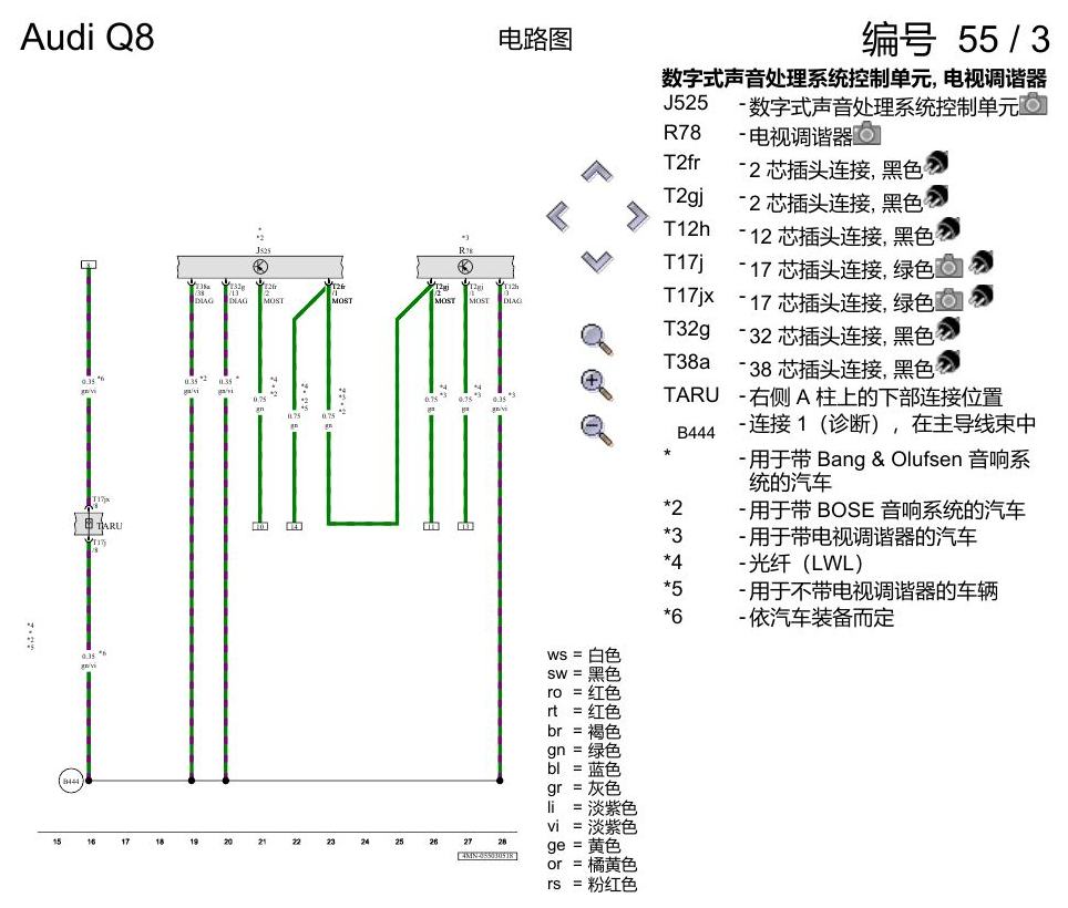 奥迪Q8 电路图 信息娱乐系统 MOST 总线, 自 2018 年 6 月起 电路图