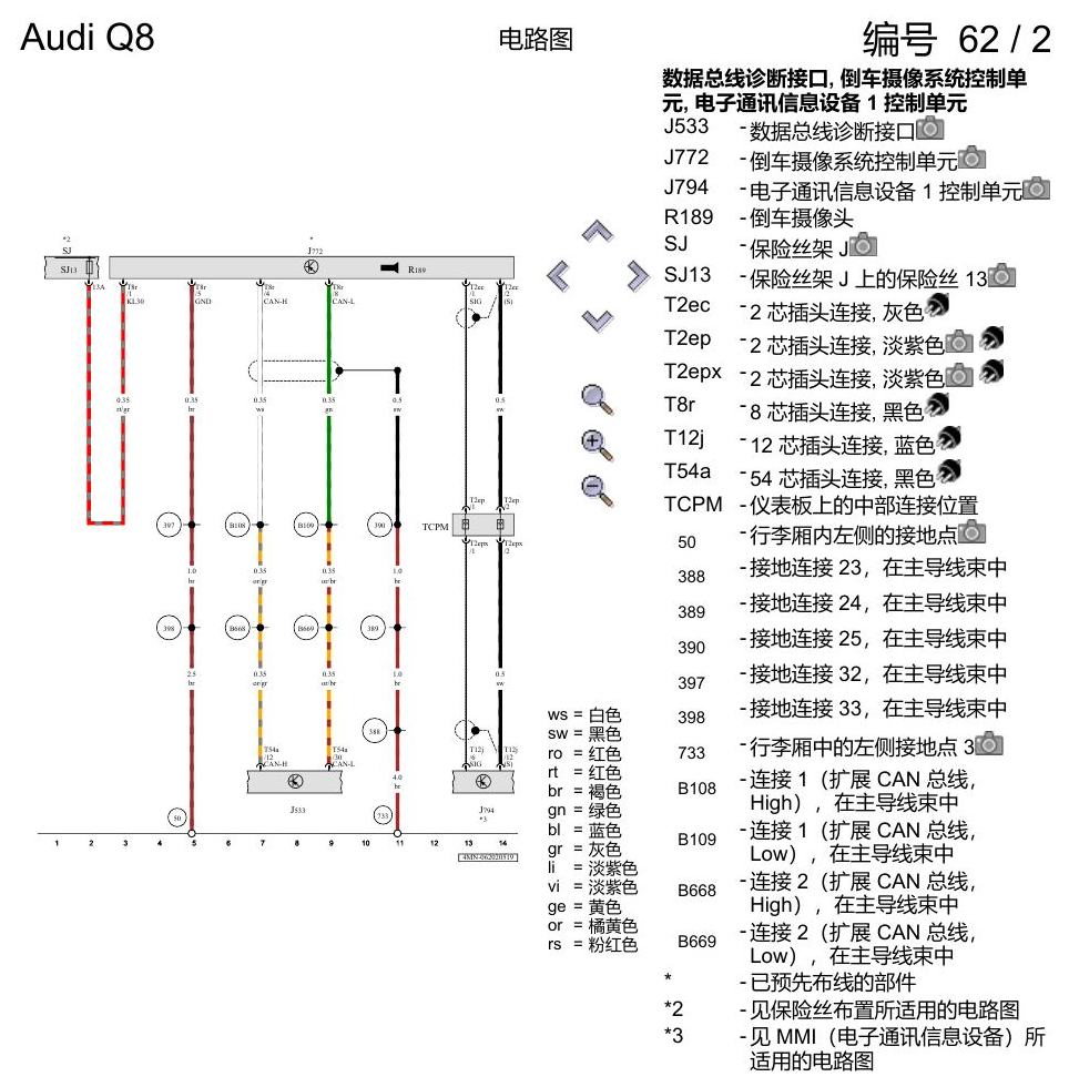 奥迪Q8 电路图 倒车摄像头(Rear Assist), (KA2), 自 2018 年 6 月起 电路图