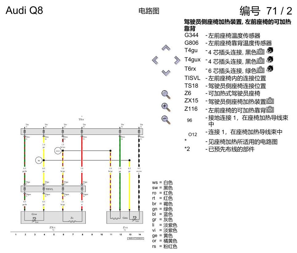 奥迪Q8 电路图 前部座椅加热, (3NS),(L0L),(Q1D),(Q4Q), 自 2018 年 6 月起 电路图
