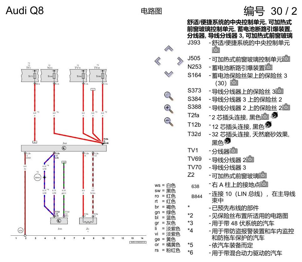 奥迪Q8 电路图 可加热式后窗玻璃、可加热式前窗玻璃, 自 2018 年 6 月起 电路图