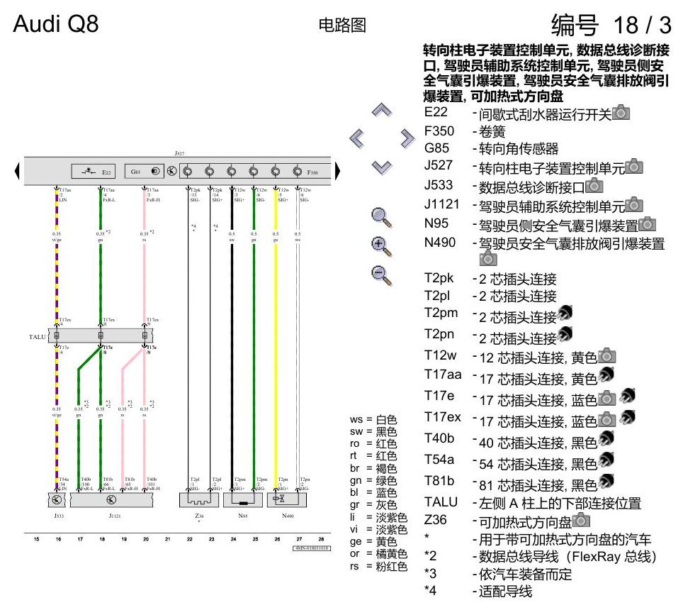 奥迪Q8 电路图 多功能方向盘, (1XP),(1XW),(2FJ),(2PF), 自 2018 年 6 月起 电路图