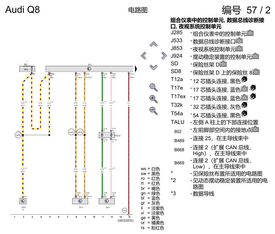 奥迪Q8 电路图 夜视系统, (9R1), 自 2018 年 6 月起 电路图