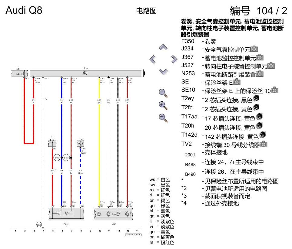 奥迪Q8 电路图 安全气囊系统(美国版装备), (4UB), 自 2018 年 7 月起 电路图