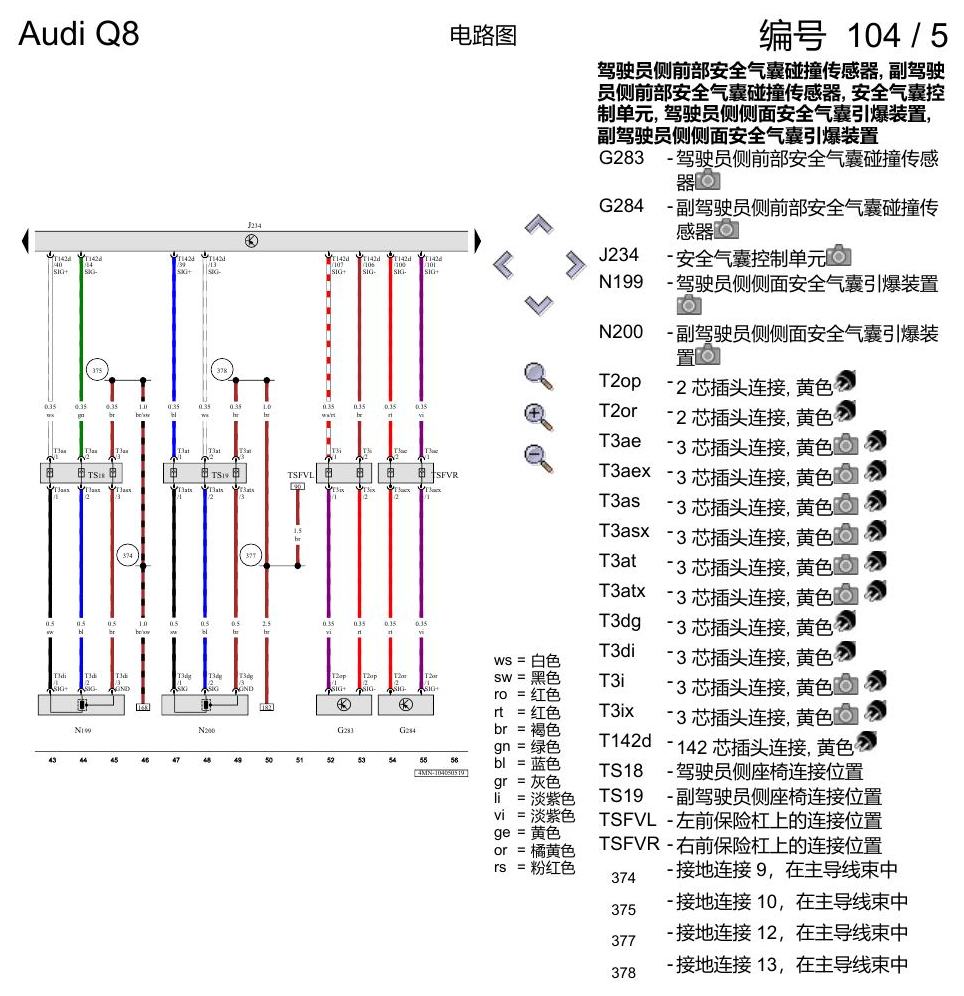 奥迪Q8 电路图 安全气囊系统(美国版装备), (4UB), 自 2018 年 7 月起 电路图
