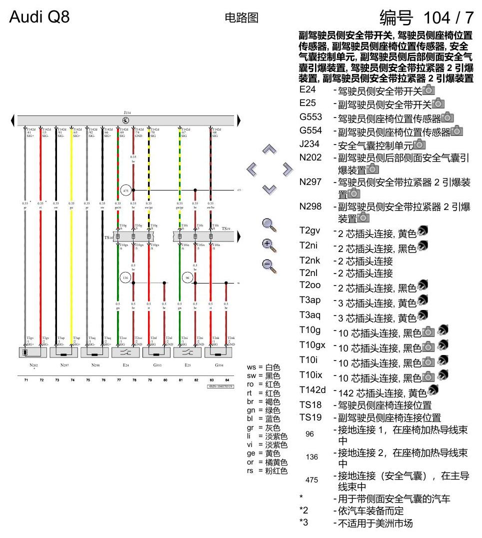 奥迪Q8 电路图 安全气囊系统(美国版装备), (4UB), 自 2018 年 7 月起 电路图