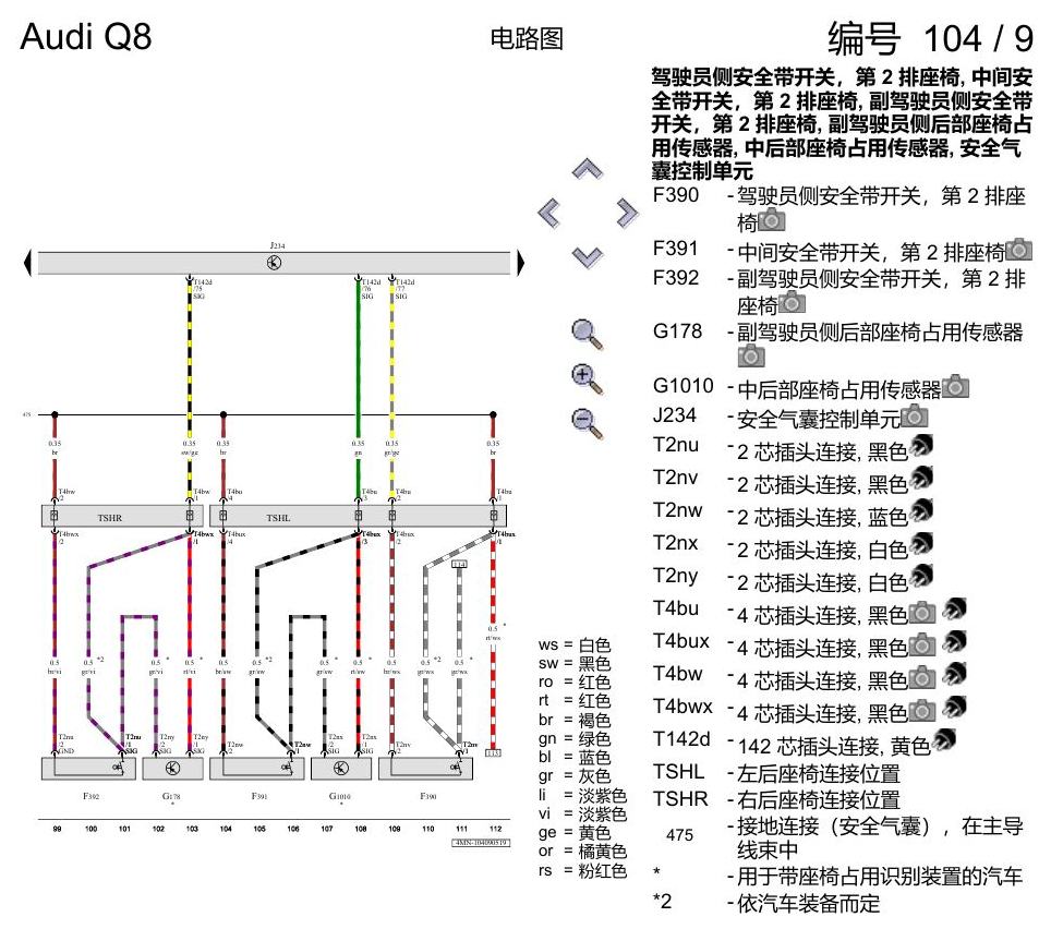 奥迪Q8 电路图 安全气囊系统(美国版装备), (4UB), 自 2018 年 7 月起 电路图