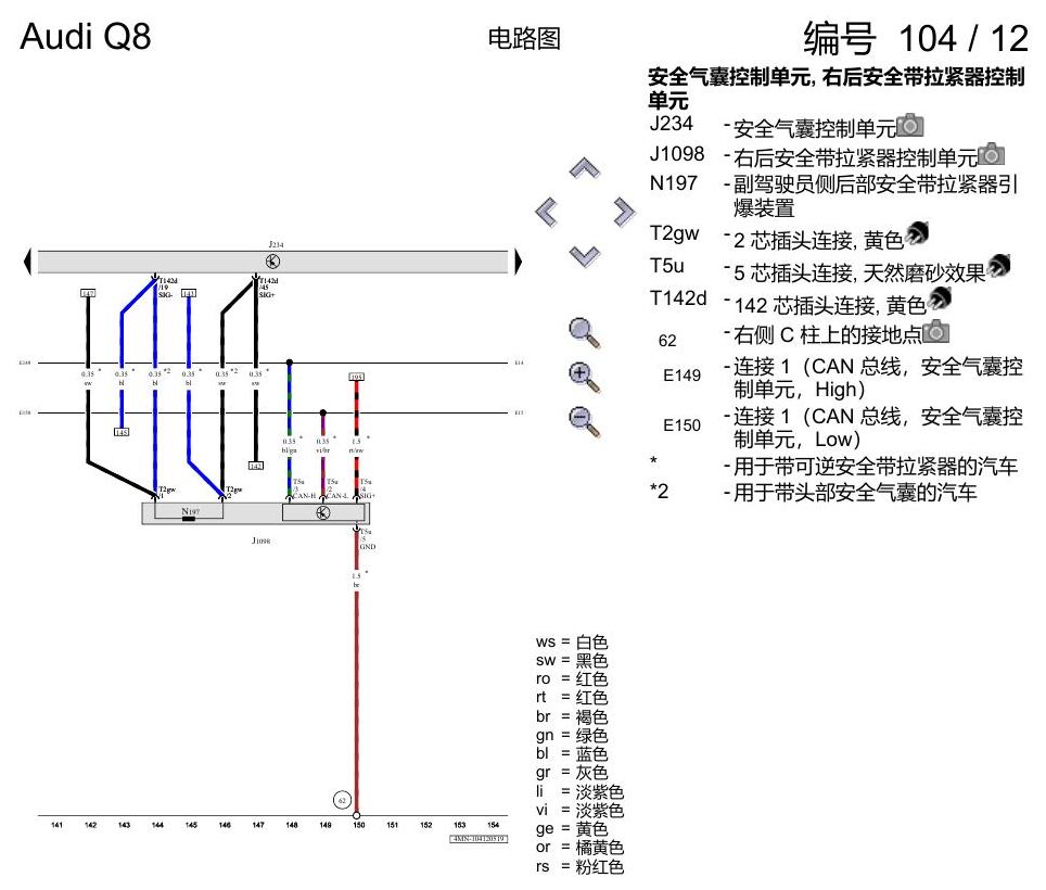 奥迪Q8 电路图 安全气囊系统(美国版装备), (4UB), 自 2018 年 7 月起 电路图