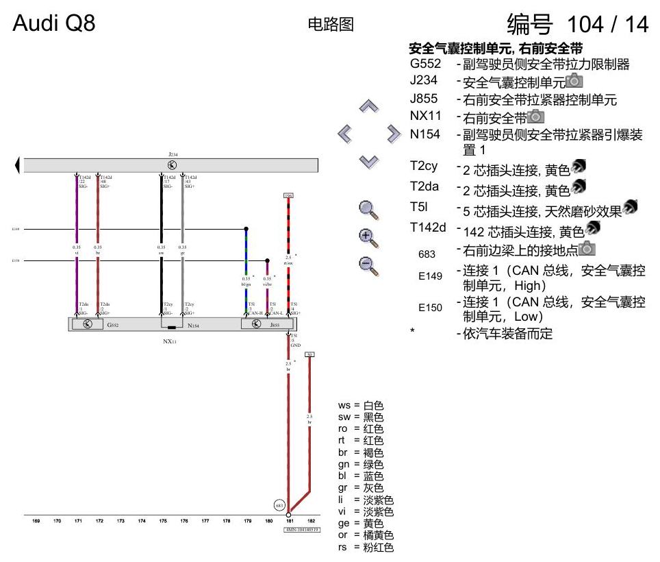 奥迪Q8 电路图 安全气囊系统(美国版装备), (4UB), 自 2018 年 7 月起 电路图