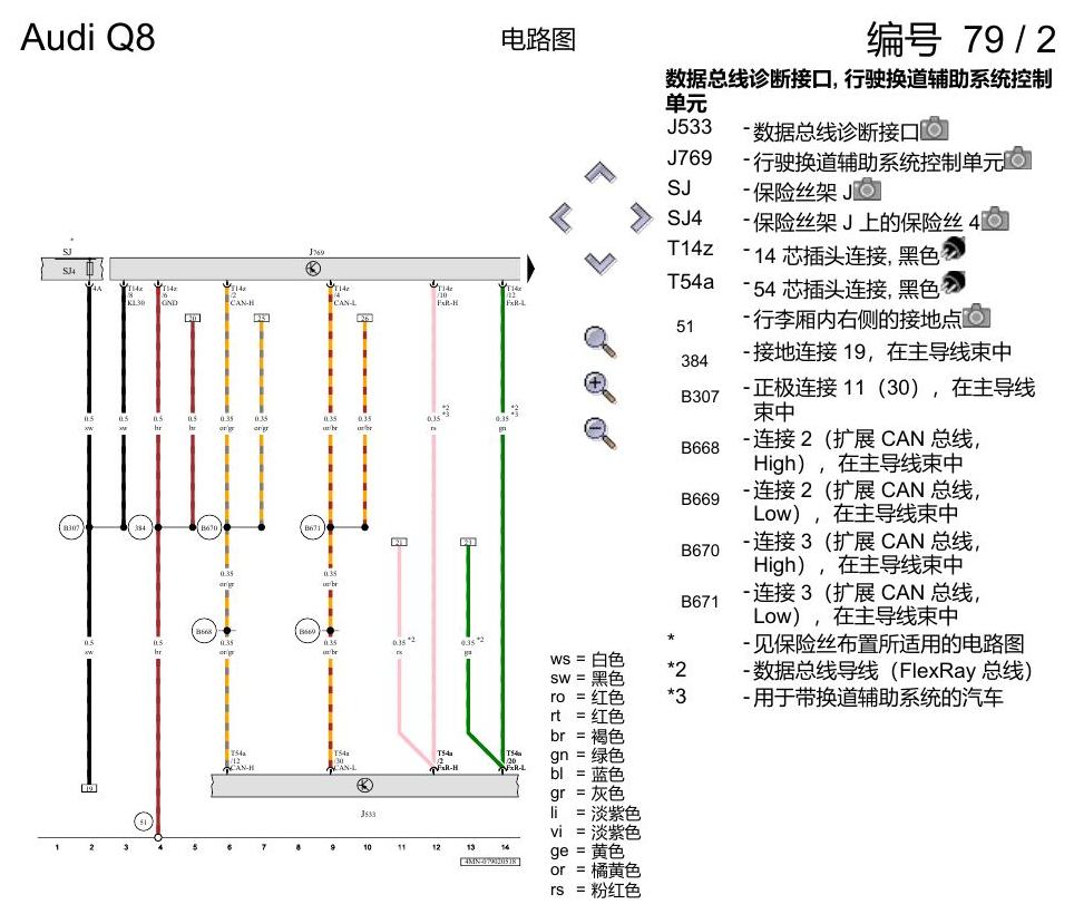 奥迪Q8 电路图 换道辅助系统, (7Y1), 自 2018 年 6 月起 电路图