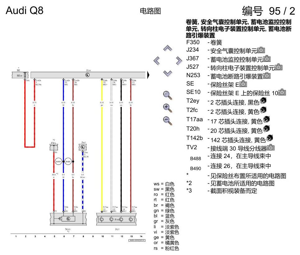 奥迪Q8 电路图 用于右置方向盘的安全气囊系统, (4UE),(4UF),(L0R), 自 2018 年 7 月起 电路图