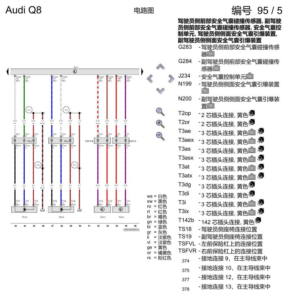 奥迪Q8 电路图 用于右置方向盘的安全气囊系统, (4UE),(4UF),(L0R), 自 2018 年 7 月起 电路图