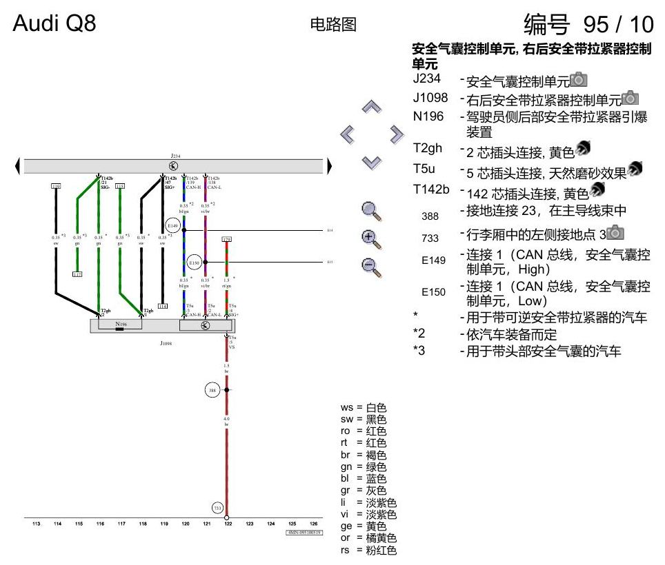 奥迪Q8 电路图 用于右置方向盘的安全气囊系统, (4UE),(4UF),(L0R), 自 2018 年 7 月起 电路图