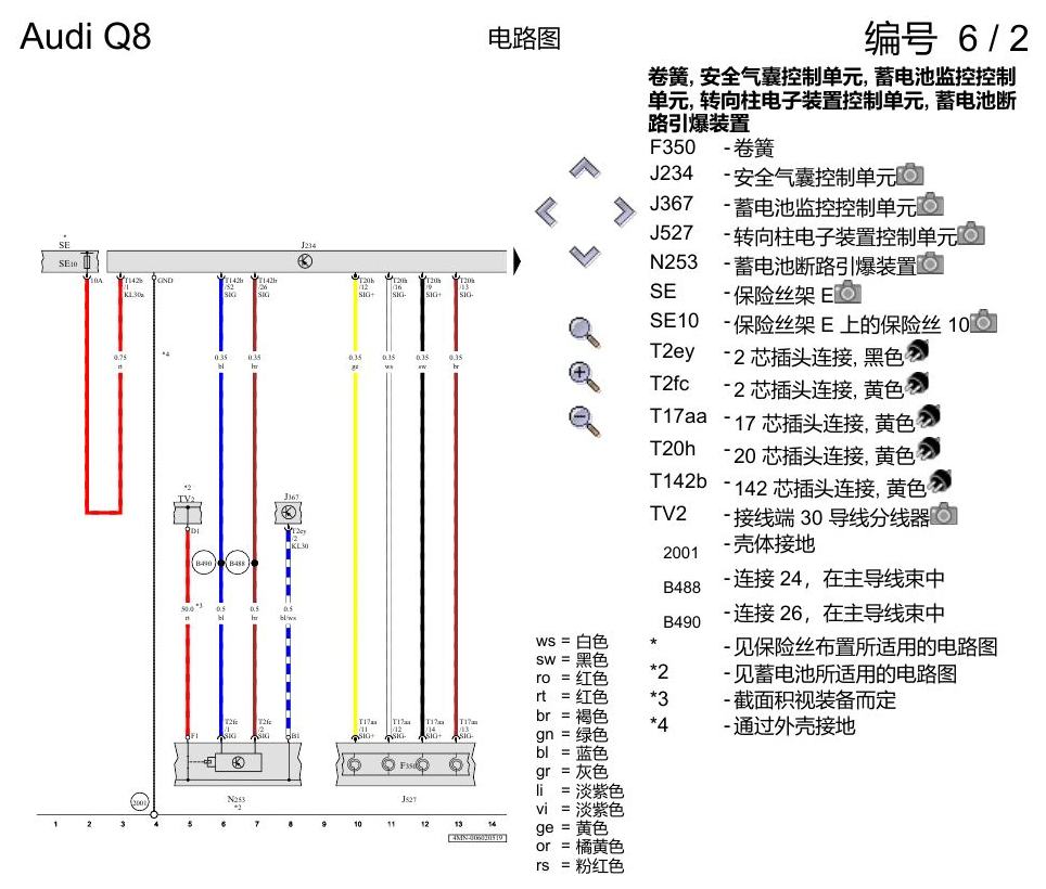 奥迪Q8 电路图 用于左置方向盘车型的安全气囊系统, (4UE),(4UF),(L0L), 自 2018 年 6 月起 电路图