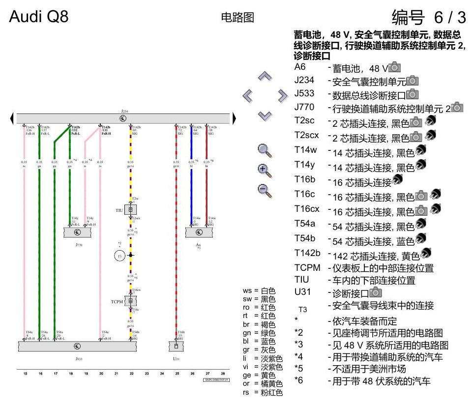 奥迪Q8 电路图 用于左置方向盘车型的安全气囊系统, (4UE),(4UF),(L0L), 自 2018 年 6 月起 电路图