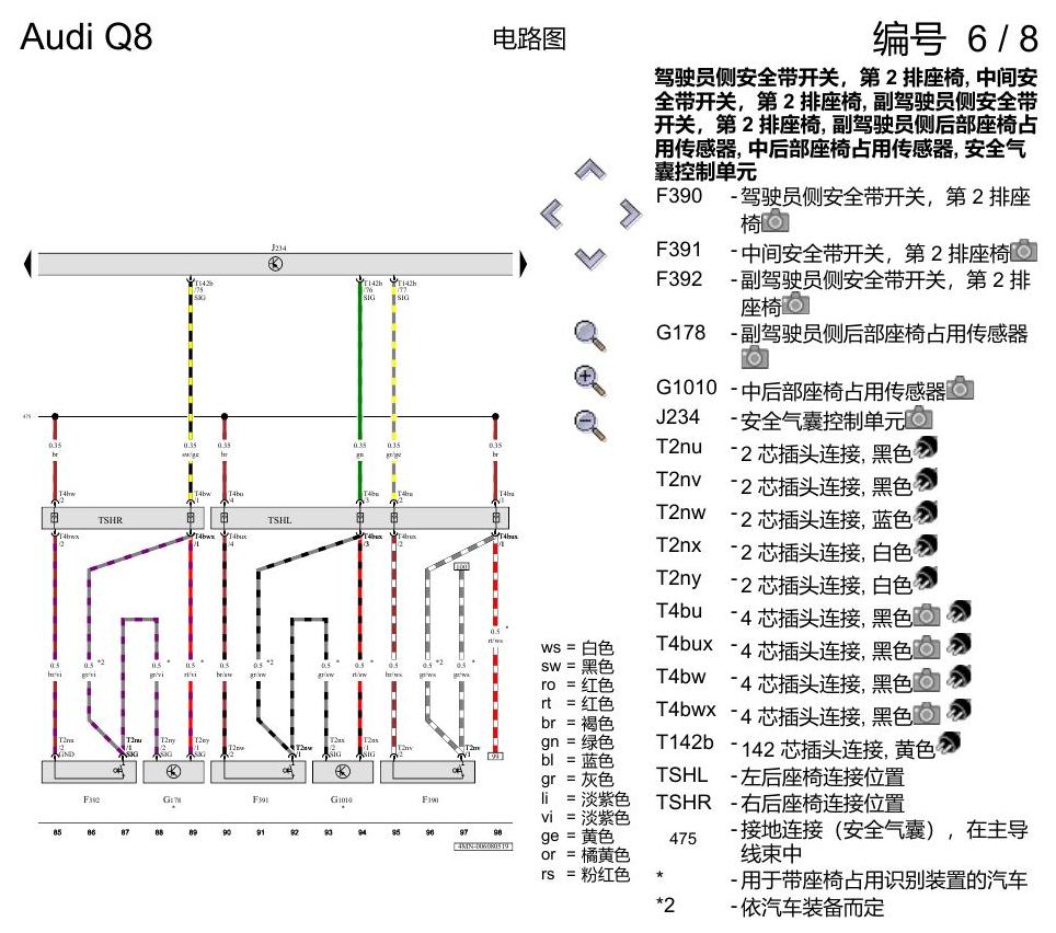 奥迪Q8 电路图 用于左置方向盘车型的安全气囊系统, (4UE),(4UF),(L0L), 自 2018 年 6 月起 电路图