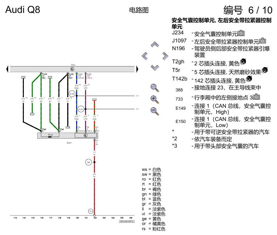 奥迪Q8 电路图 用于左置方向盘车型的安全气囊系统, (4UE),(4UF),(L0L), 自 2018 年 6 月起 电路图