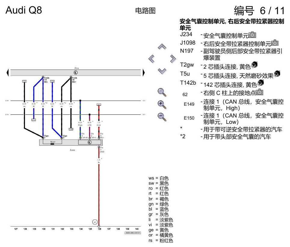 奥迪Q8 电路图 用于左置方向盘车型的安全气囊系统, (4UE),(4UF),(L0L), 自 2018 年 6 月起 电路图
