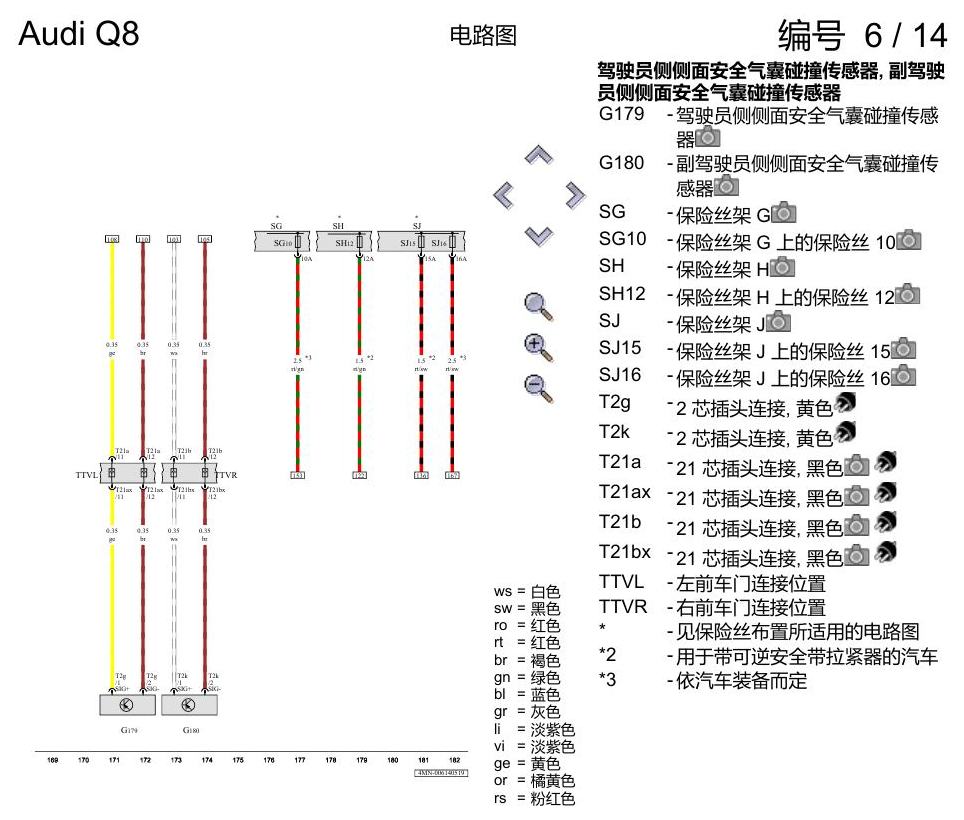 奥迪Q8 电路图 用于左置方向盘车型的安全气囊系统, (4UE),(4UF),(L0L), 自 2018 年 6 月起 电路图