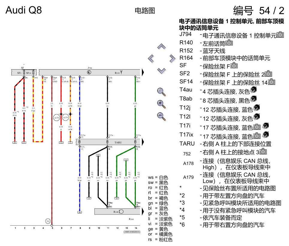 奥迪Q8 电路图 移动电话系统, (9ZE),(9ZV),(9ZX), 自 2018 年 6 月起 电路图