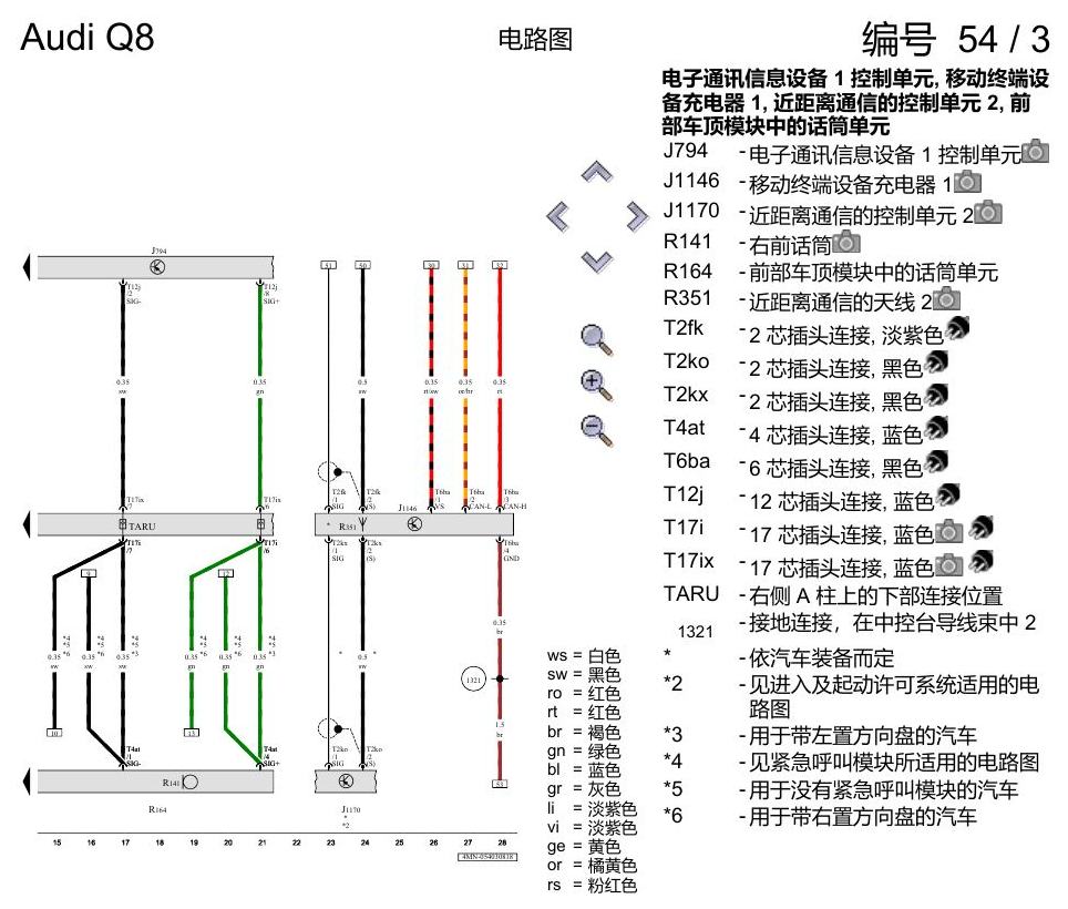 奥迪Q8 电路图 移动电话系统, (9ZE),(9ZV),(9ZX), 自 2018 年 6 月起 电路图