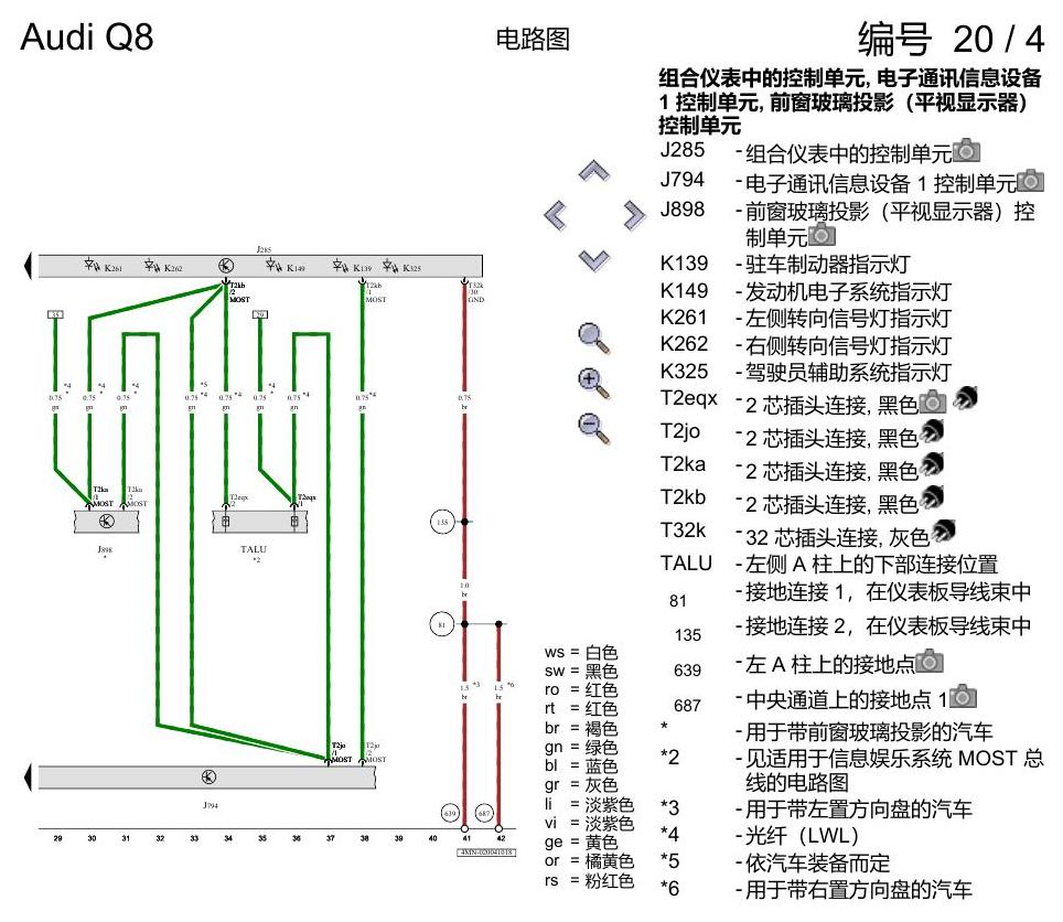 奥迪Q8 电路图 组合仪表, (9S7),(9S8),(9S9), 自 2018 年 6 月起 电路图