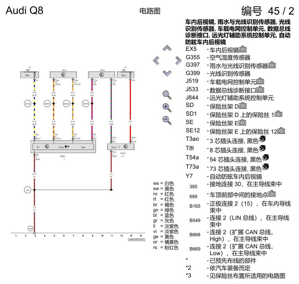 奥迪Q8 电路图 自动防眩车内后视镜, 自 2018 年 6 月起 电路图