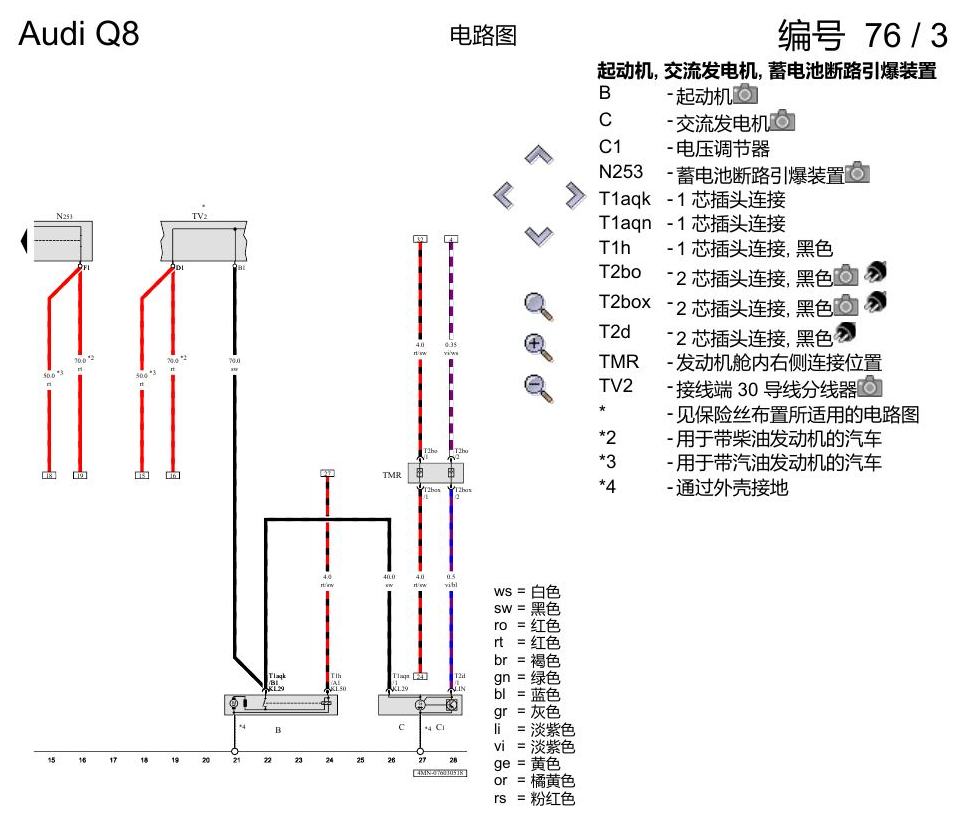 奥迪Q8 电路图 蓄电池、起动机和交流发电机, (0K0), 自 2018 年 6 月起 电路图