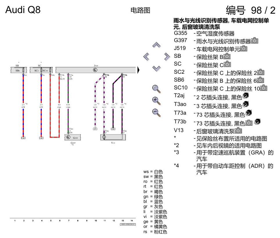 奥迪Q8 电路图 车窗玻璃刮水和清洗装置、可加热式喷嘴、大灯清洗装置, (9PA),(L0R), 自 2018 年 7 月起 电路图