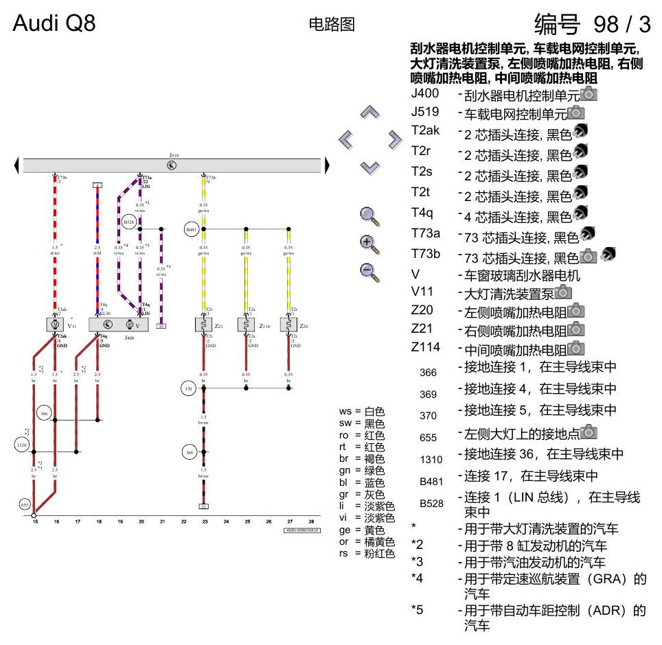 奥迪Q8 电路图 车窗玻璃刮水和清洗装置、可加热式喷嘴、大灯清洗装置, (9PA),(L0R), 自 2018 年 7 月起 电路图
