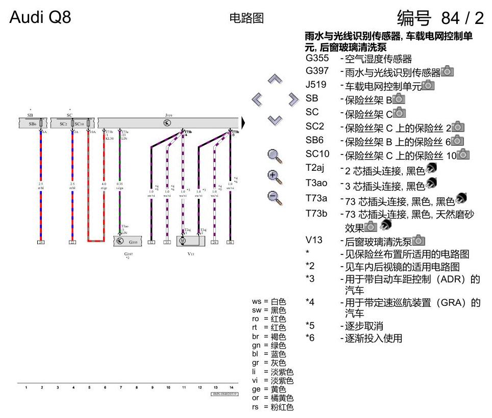 奥迪Q8 电路图 车窗玻璃刮水和清洗装置、可加热式喷嘴、大灯清洗装置, (9PF),(L0L), 自 2018 年 6 月起 电路图