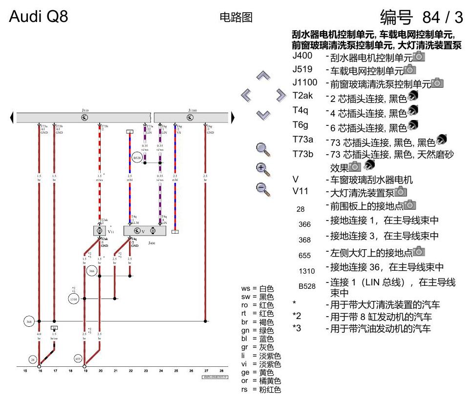 奥迪Q8 电路图 车窗玻璃刮水和清洗装置、可加热式喷嘴、大灯清洗装置, (9PF),(L0L), 自 2018 年 6 月起 电路图