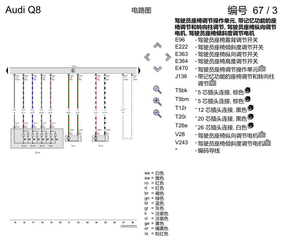 奥迪Q8 电路图 驾驶员和副驾驶员座椅调整功能, (3PN),(Q1A), 自 2018 年 6 月起 电路图