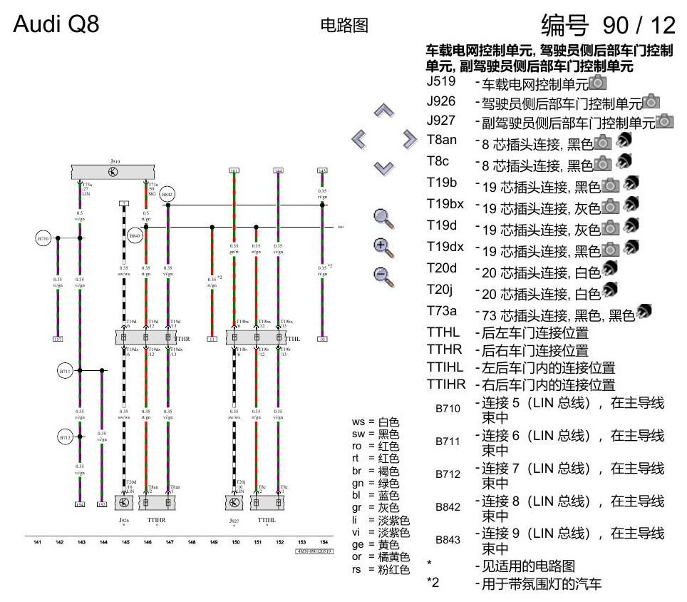 奥迪Q8 电路图 驾驶员车门, (L0R), 自 2018 年 7 月起 电路图
