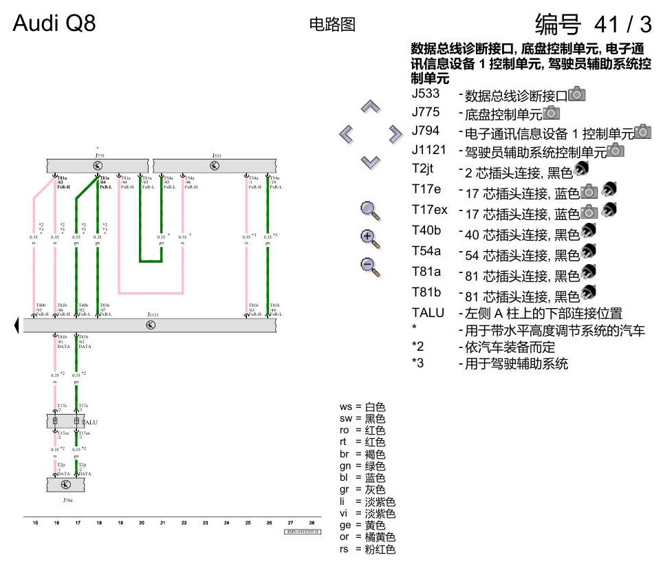 奥迪Q8 电路图 驾驶员辅助系统的前部摄像头, (QK1), 自 2018 年 6 月起 电路图