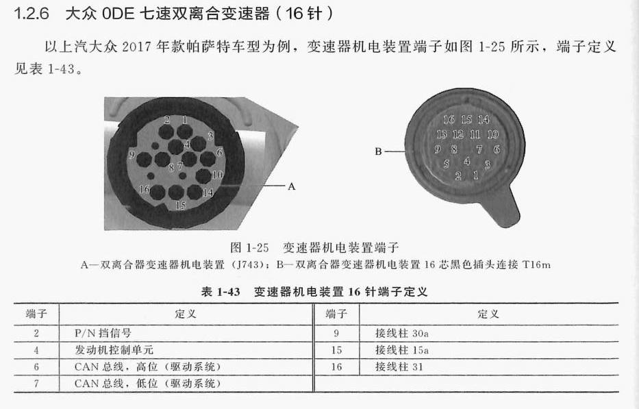大众ODE 七速双离合变速器(16针)端子