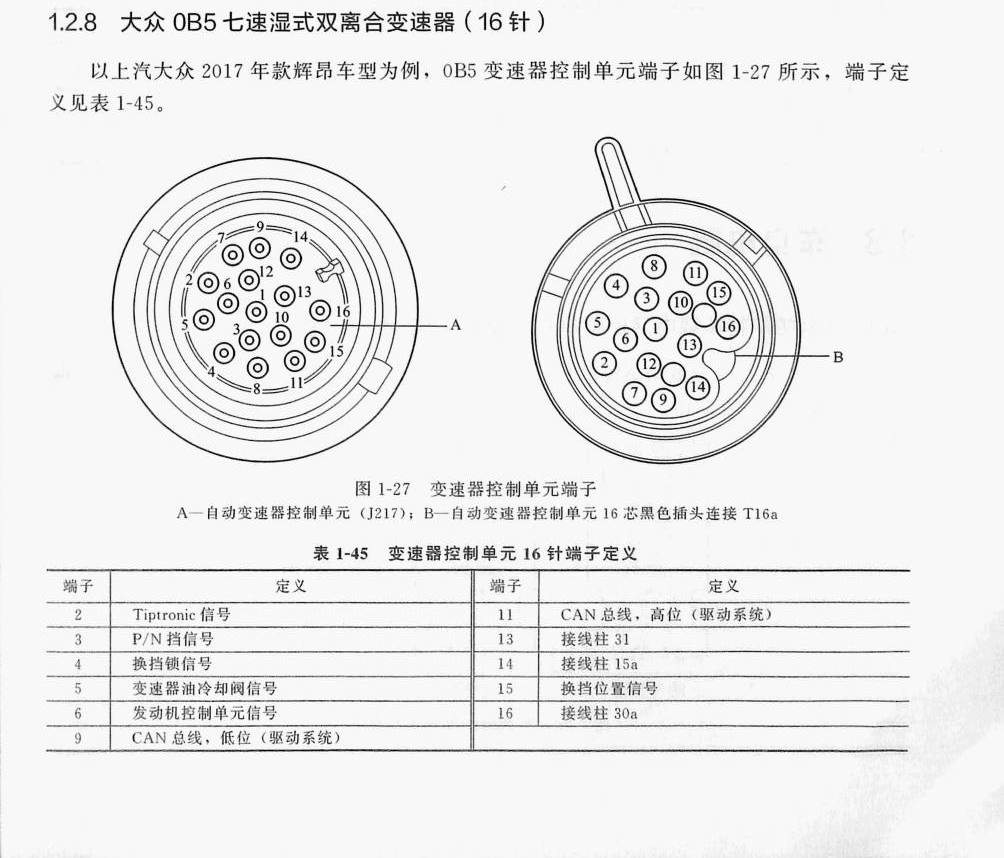 大众 0B5七速湿式双离合变速器(16针)端子