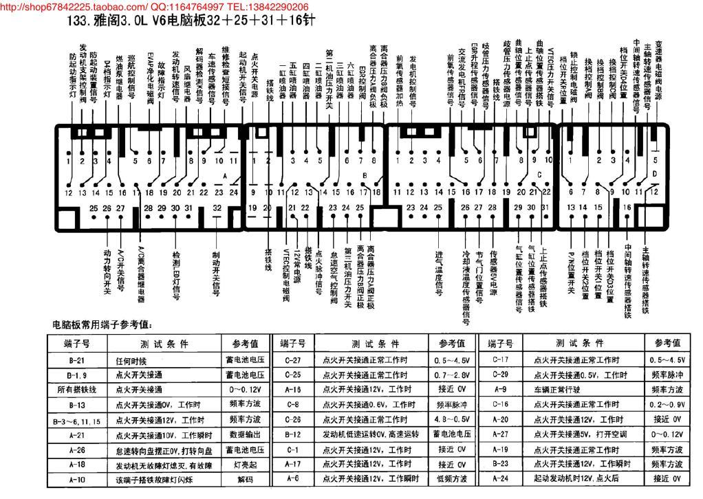雅阁3.0L V6电脑板32+25+31+16针 端子图