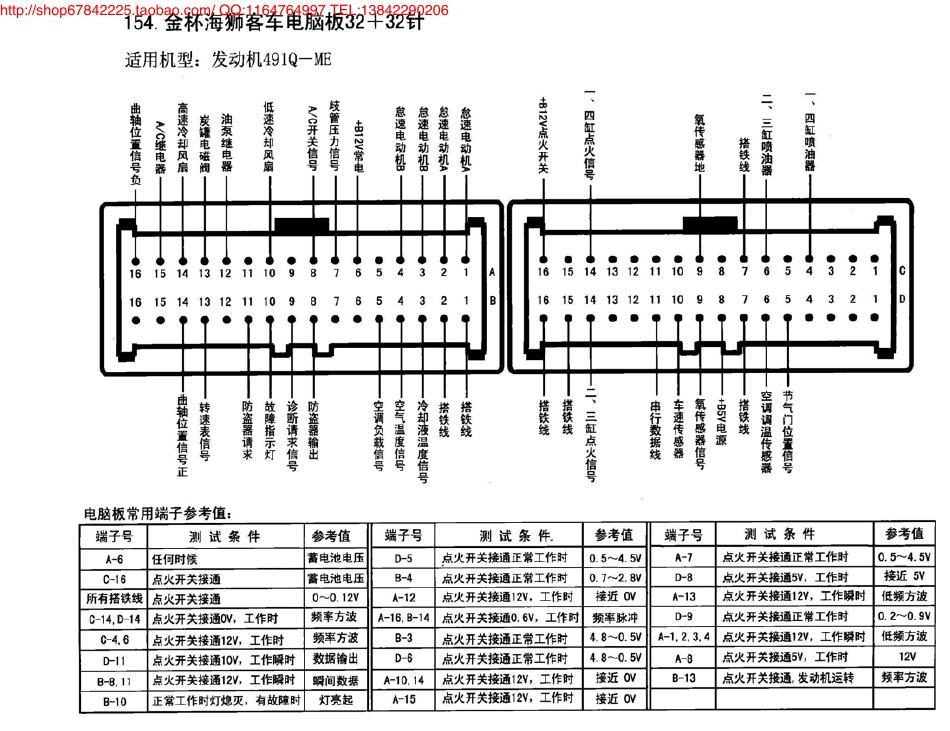 金杯海狮客车电脑板32+32针 端子图